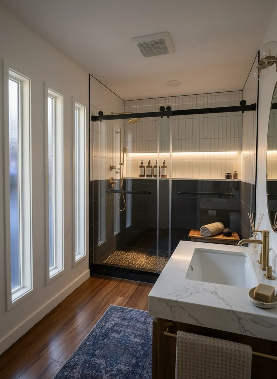 Warm minimal bathroom styling reference