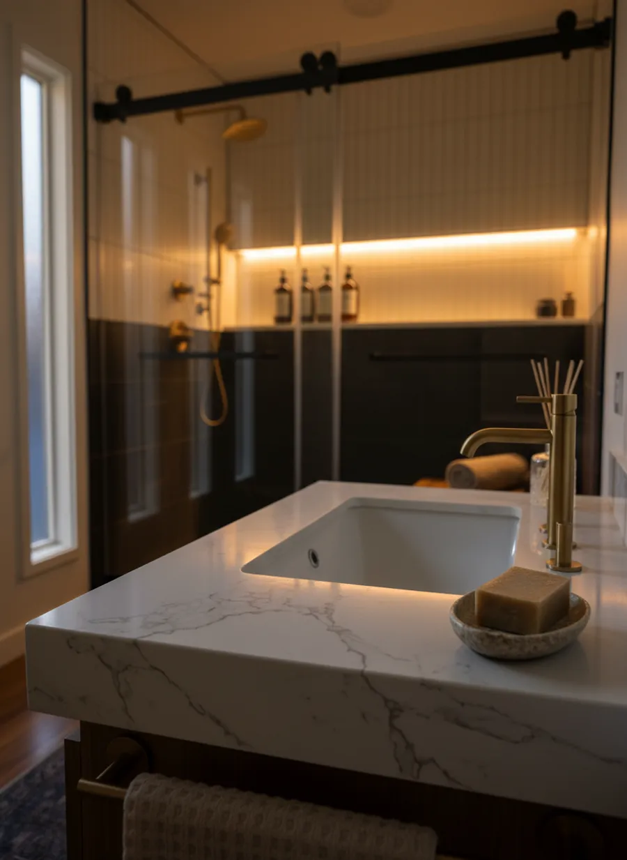 Brass fixture and warm lighting bathroom style